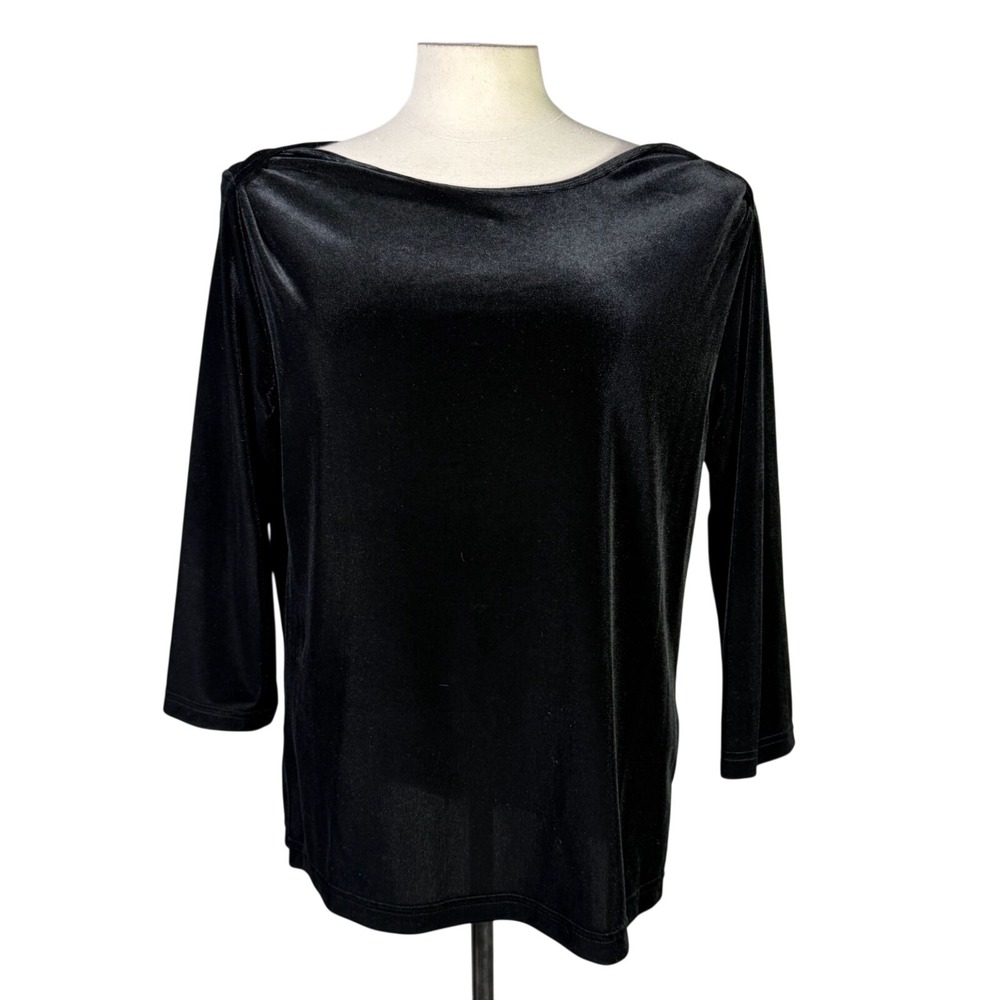 VTG 90s Black Moving Bleu Velvet Boat Neck 3/4 Sleeve Top XL